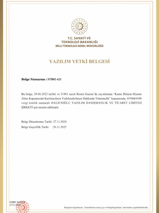T.C. Sanayi ve Teknoloji Bakanlığı - Yazılım Yetki Belgesi